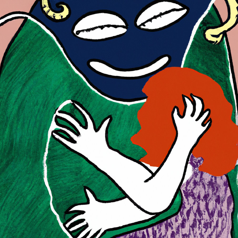 Kan du blive bedre venner med stress? Kvinde i omfavnelse med monster. Artikel fra krop-mulig i Allerød